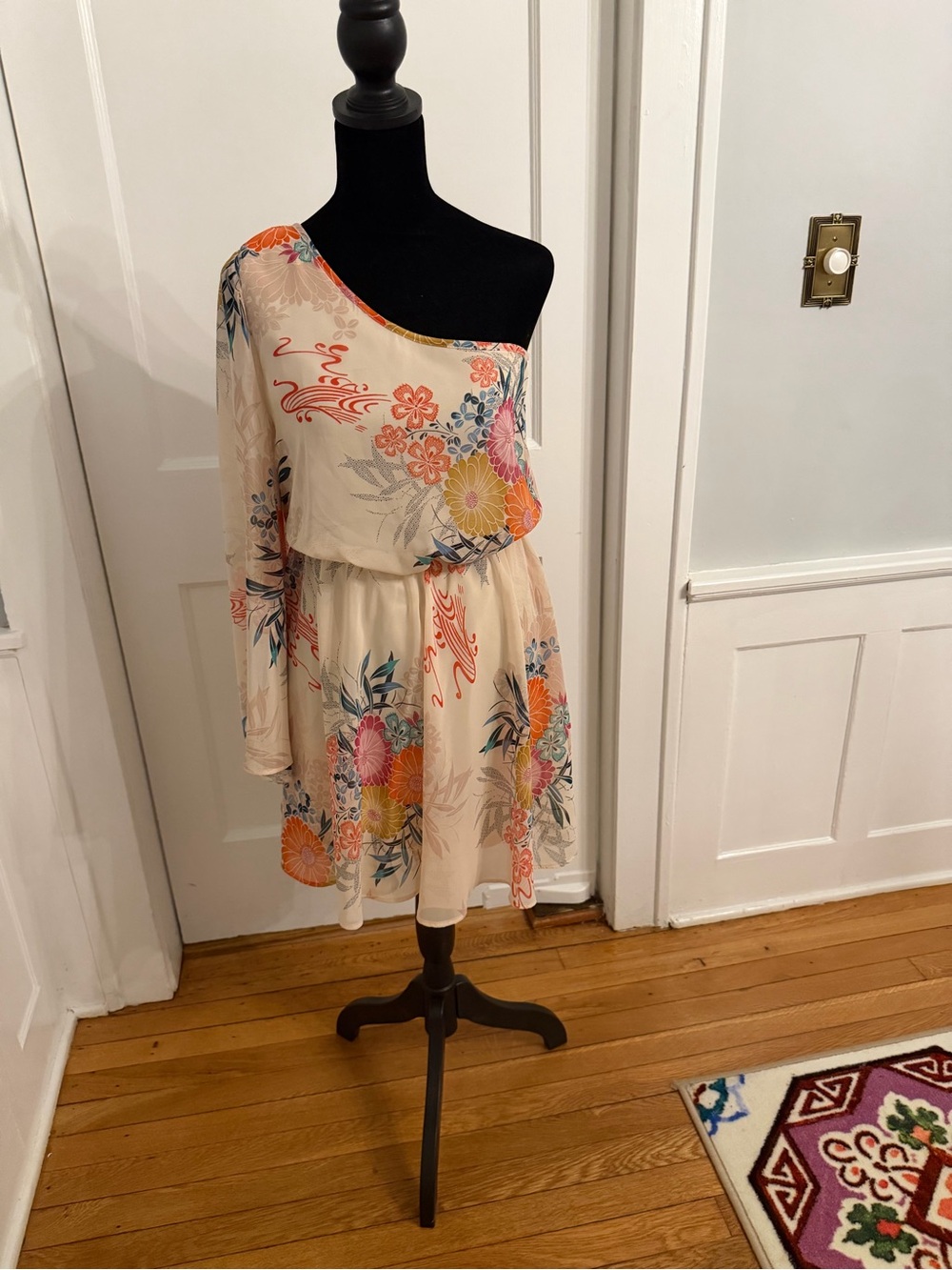 One-Shoulder Floral Cream Dress with Orange & Pink Accents